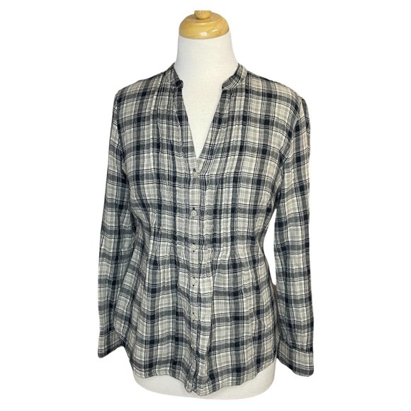 Converse Womans Plaid Shirt Smocked Fitted Top Button Up Cream Size M - Picture 1 of 7